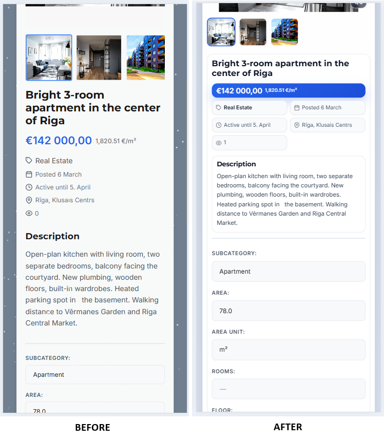 Listing page before and after